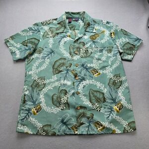 Roundy Bay Mens Hawaiian Shirt Large Green Tropical Monstera Ukulele Camp Collar